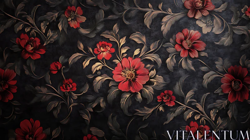 Velvety red blossoms curling across a midnight garden wall.