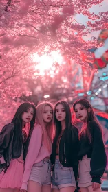 Four young women under pink cherry blossoms at dusk.