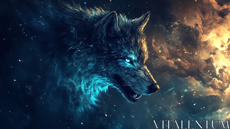 Luminous wolf head rendered against nebulous space field.