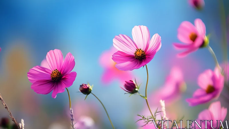 Pink cosmos flowers are shown in shallow depth of field