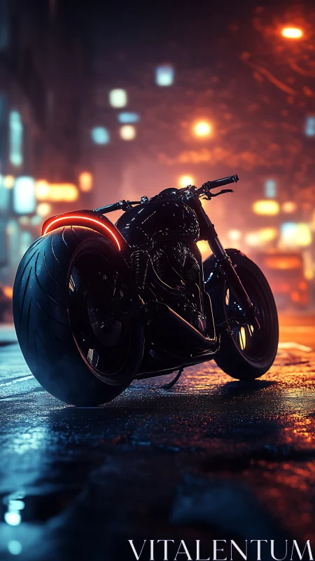 Midnight motorcycle waits under neon city lights, quietly alive
