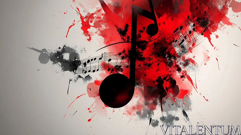 Large musical note overlays red and black splatter forms