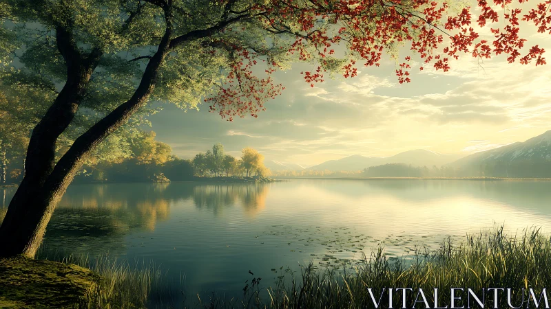 Digital painting of tranquil lakeside grove at sunrise.