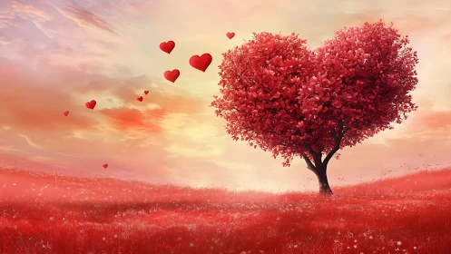 Heart-Shaped Tree with Floating Hearts in Red Field