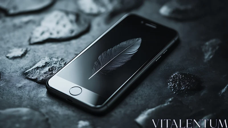 Photorealistic smartphone still life with feather motif on screen.