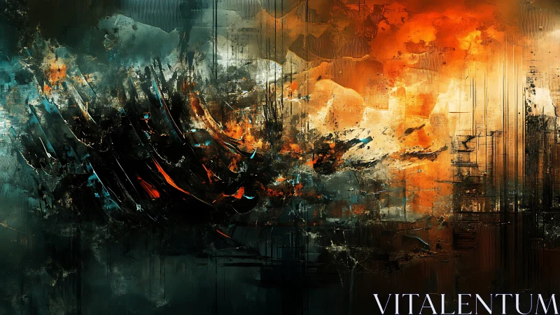 Fiery abstract skyline drifts through stormy teal shadows