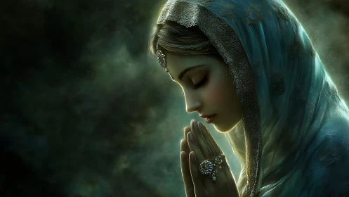 Digital painting portrait of veiled woman in luminous prayer.