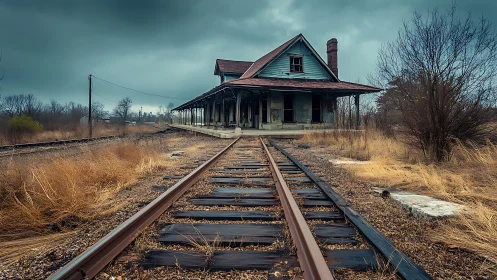 Forgotten train station leans into stormy rails of memory