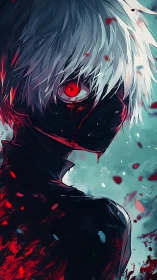 Masked white haired figure stares back with glowing red eye