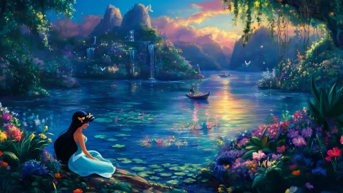 Enchanted riverscape with contemplative figure and iridescent light