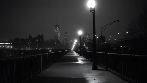 Nocturnal waterfront pier with axial lamppost array, monochrome.