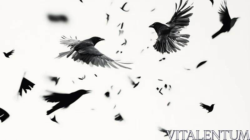 Midair crow duet swirling through scattered silhouettes.