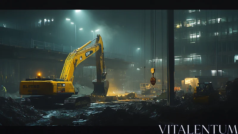 Nighttime urban construction site shows excavator in operation