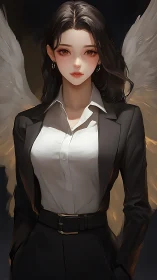 Angel woman in business suit with white wings portrait.