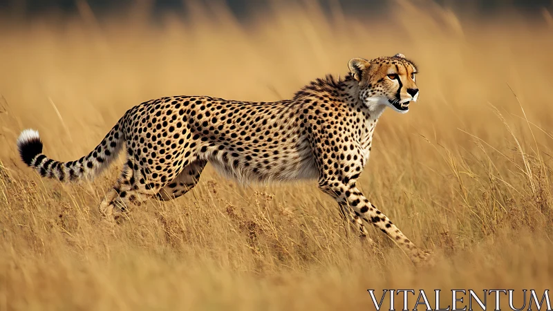 Cheetah strolling through sunlit savanna grasslands.