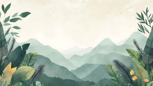 Layered misty mountain landscape rendered in soft watercolor tones