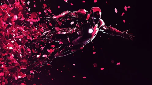 Armored flying figure emerging through scattering red petals