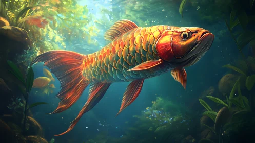 Radiant golden arowana glides through luminous aquatic depths