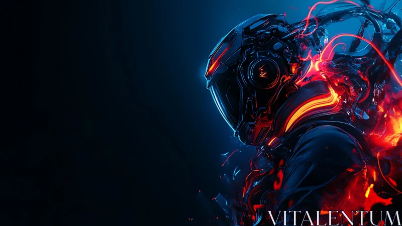 Cybernetic helmeted figure with glowing red energy arcs.