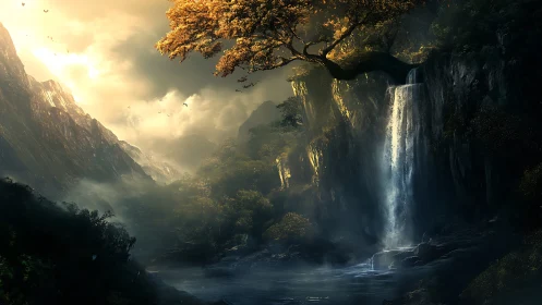 Mountain gorge waterfall with overhanging tree at dusk.