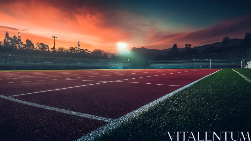 Empty red running track glows under vivid sunset sky
