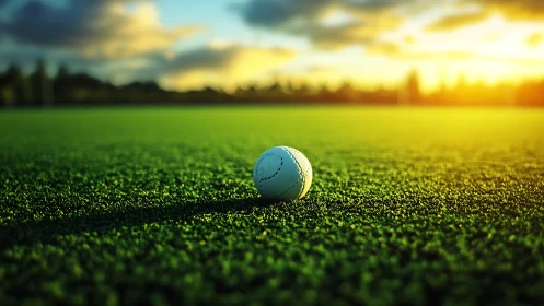 Cricket practice ball on synthetic turf under low sun glow.