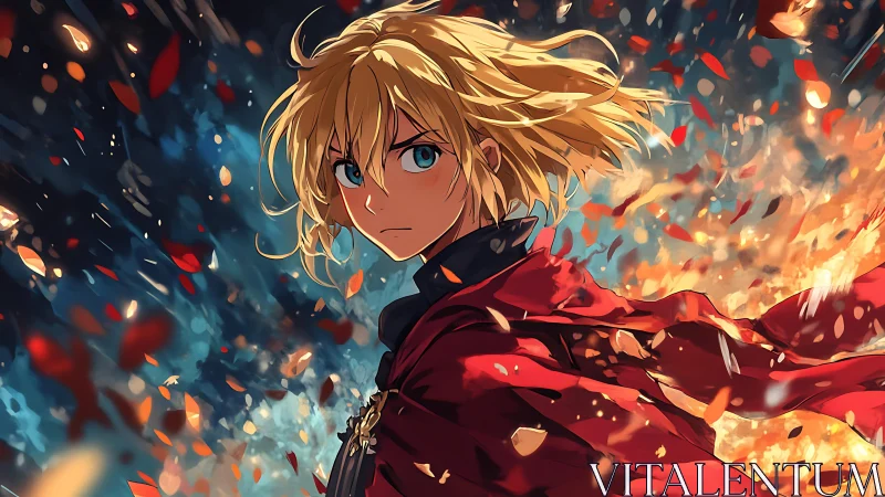 Blond anime figure in red cloak amid falling embers and leaves.