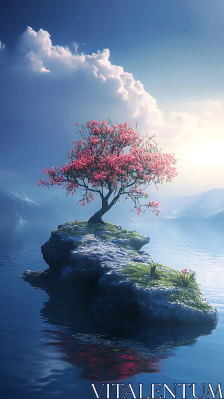 Solitary blossom island cradled in luminous mist and sky.