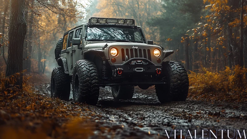 Mud-hungry off-road titan prowling a misty autumn forest.