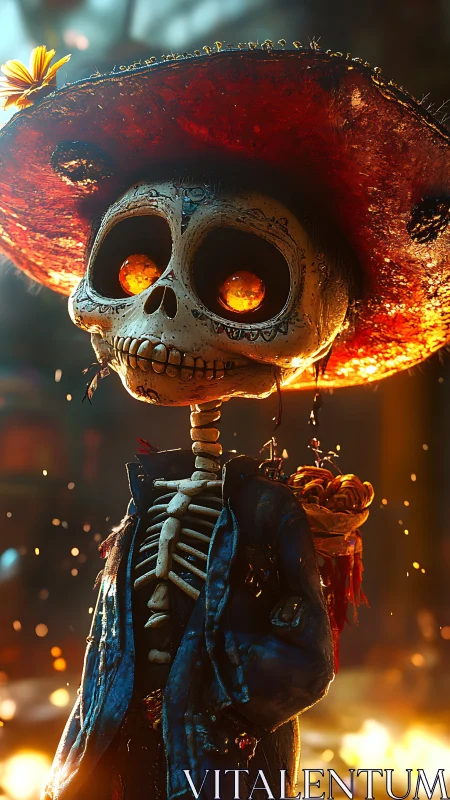 Luminous D&iacute;a de Muertos skeleton vendor in ember lit street