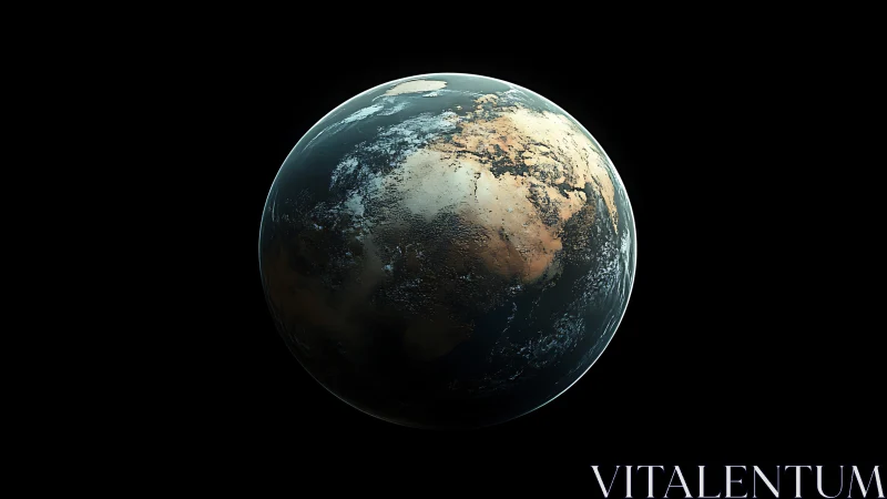 Lonely bronze-blue planet drifting in hush-black space.