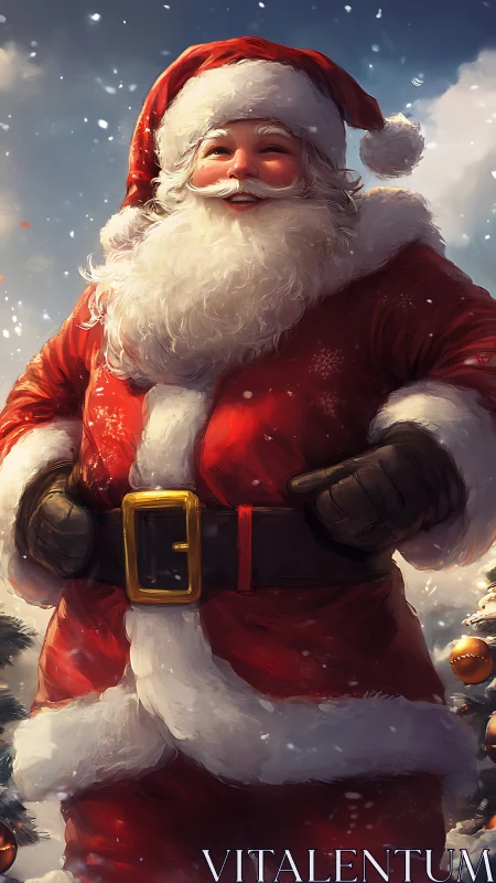 Santa figure in red suit with snow background depiction.