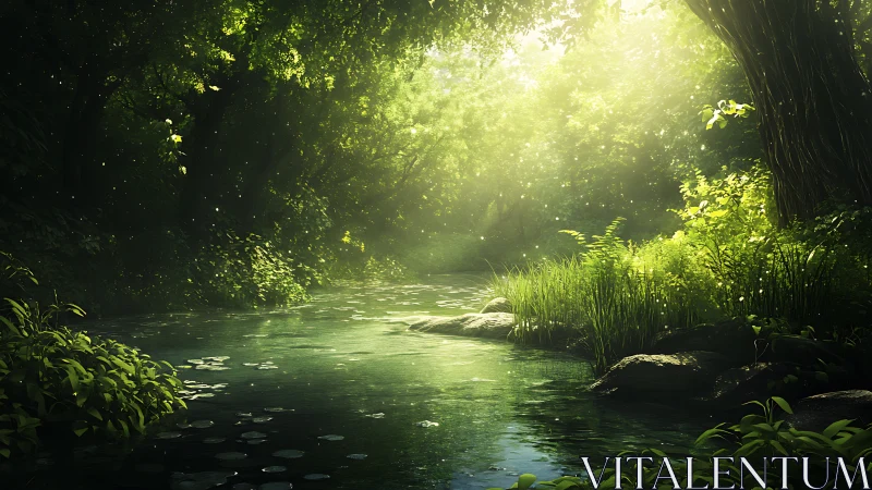 Sunlit forest creek where emerald waters quietly dream.