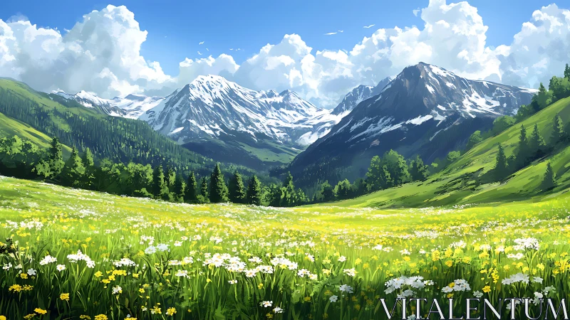 Sunlit alpine meadow unfolding beneath snowcapped summits.