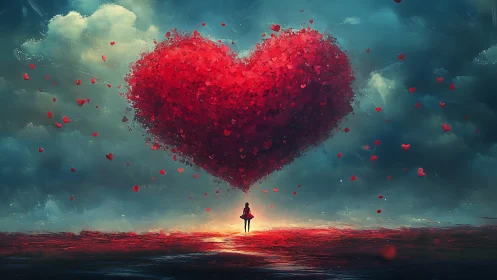 Love Takes Flight: A Soul's Journey Beneath Red Hearts