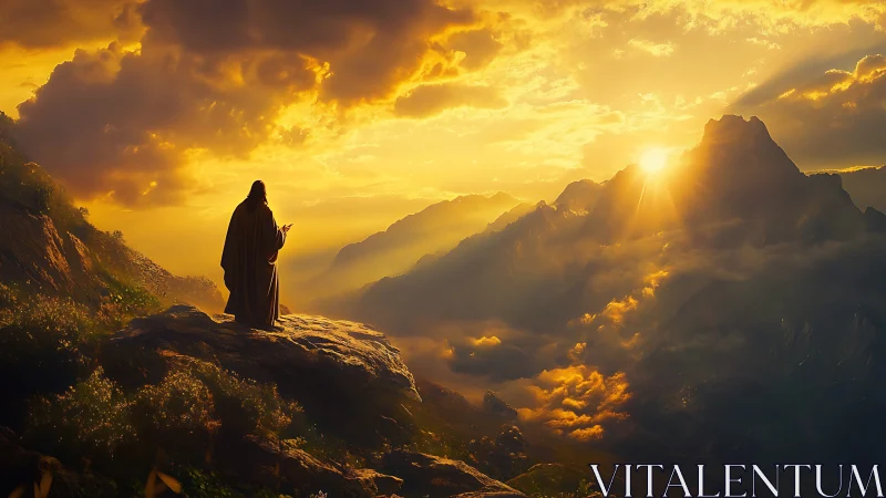 Solitary robed figure stands on cliff overlooking sunlit peaks