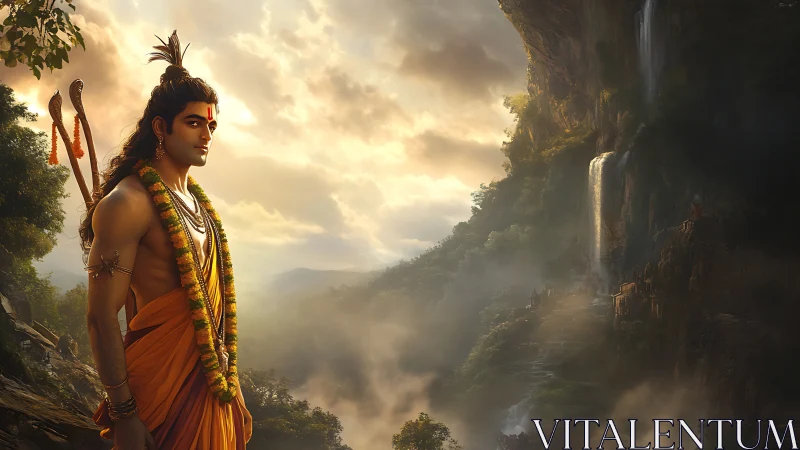 Serene warrior prince beside misty cliffs and waterfalls.