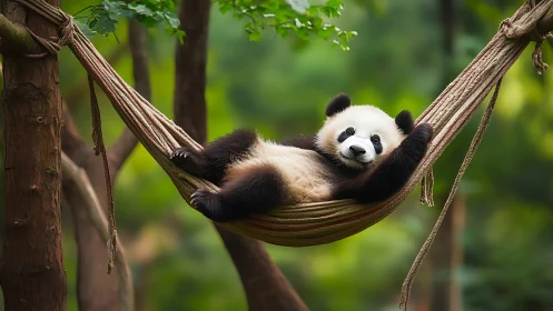 Young giant panda lying in fabric hammock between trees.