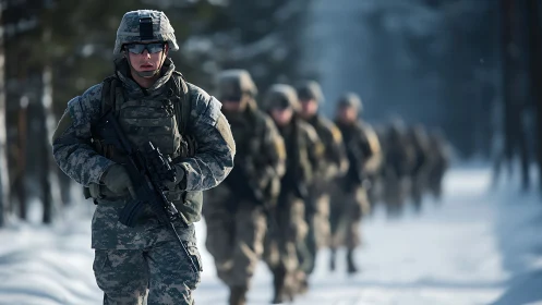Armed soldiers walking through snowy forest training route.