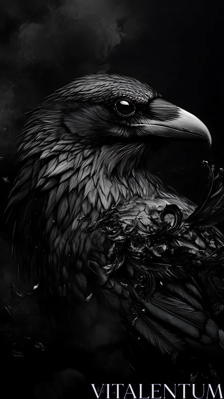 Monochrome raven portrait merges realism and ornate decay