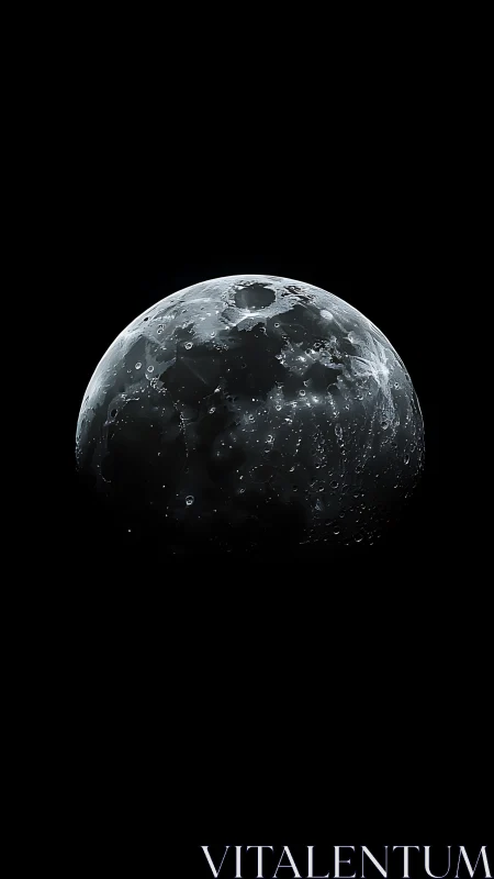 Monochrome lunar surface close-up against deep black space.