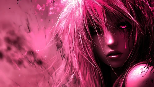Pink lit digital portrait shows close-up stylized face