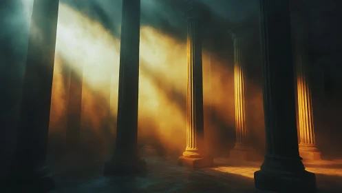 Columns in hazy light with warm beams and deep shadows.