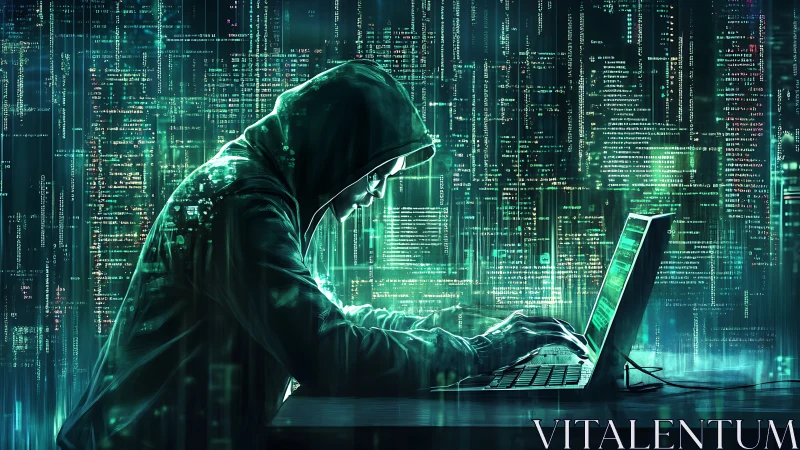 Cyberpunk hacker at terminal in neon data lattice environment.