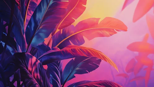 Neon tropical leaves under vibrant sunset gradient glow.