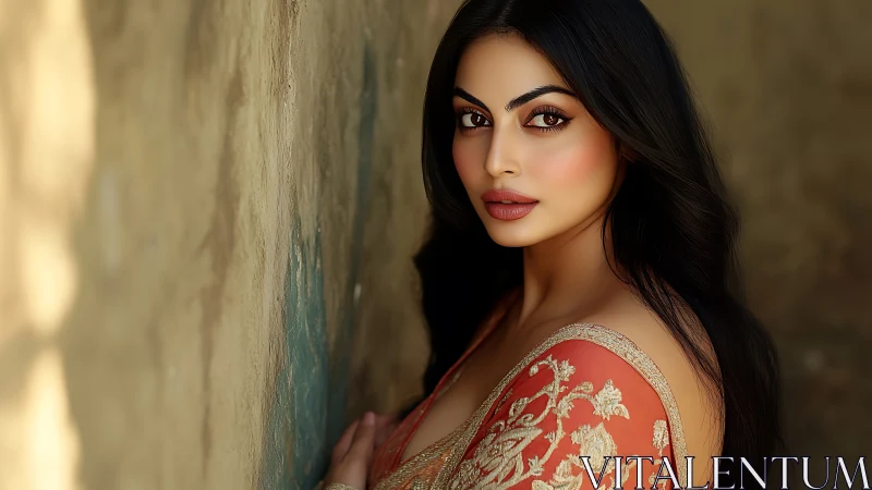 Woman in embroidered sari poses against textured wall
