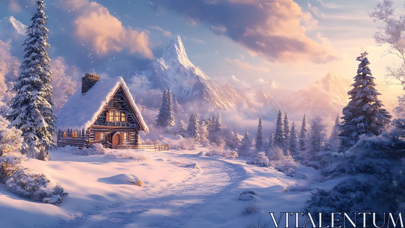 Snowy mountain cabin glows under a tranquil winter sunrise.