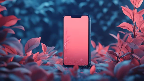 Smartphone stands vertically amid stylized bicolor foliage