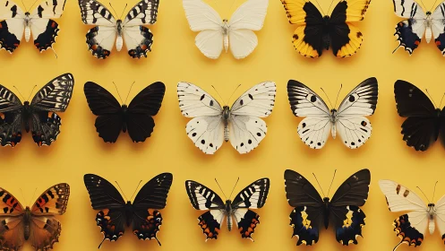 Orderly grid of varied butterflies on plain yellow background.
