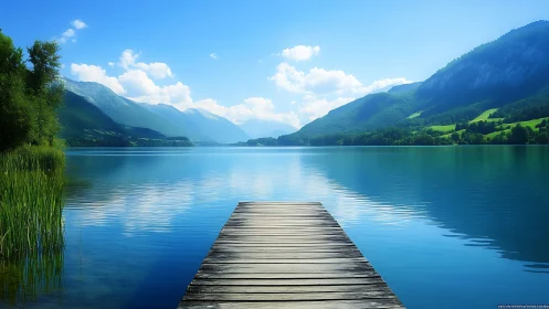 Wooden lakeside pier facing calm water and green mountains.